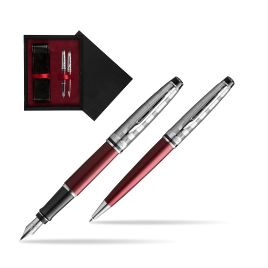 Zestaw prezentowy pióro wieczne + długopis Waterman Expert DeLuxe Ciemnoczerwony w pudełku drewnianym Czerń Double Bordo