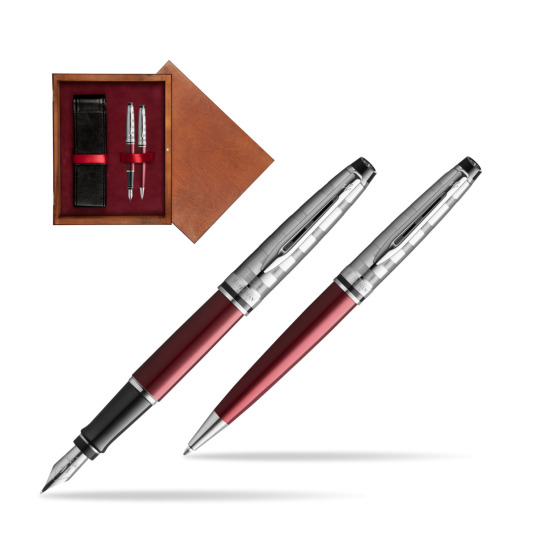 Zestaw prezentowy pióro wieczne + długopis Waterman Expert DeLuxe Ciemnoczerwony w pudełku drewnianym Mahoń Double Bordo