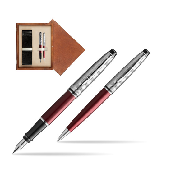Zestaw prezentowy pióro wieczne + długopis Waterman Expert DeLuxe Ciemnoczerwony w pudełku drewnianym Mahoń Double Ecru