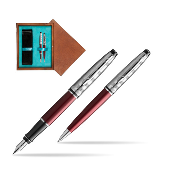 Zestaw prezentowy pióro wieczne + długopis Waterman Expert DeLuxe Ciemnoczerwony w pudełku drewnianym Mahoń Double Turkus