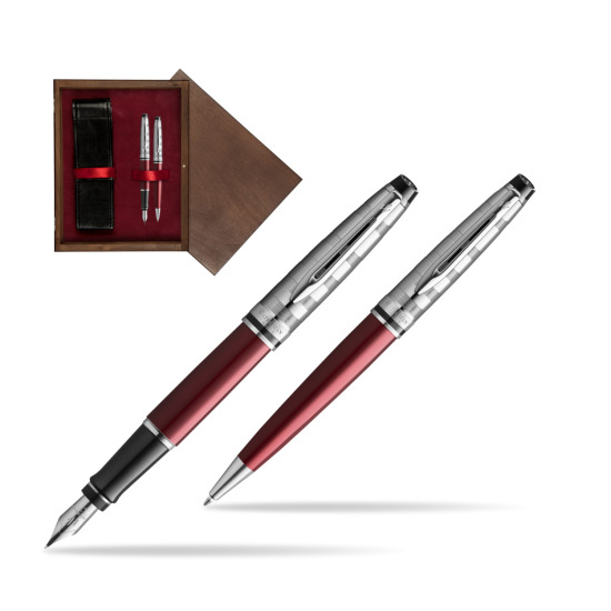Zestaw prezentowy pióro wieczne + długopis Waterman Expert DeLuxe Ciemnoczerwony w pudełku drewnianym Wenge Double Bordo