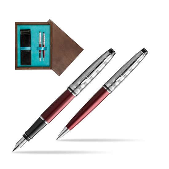 Zestaw prezentowy pióro wieczne + długopis Waterman Expert DeLuxe Ciemnoczerwony w pudełku drewnianym Wenge Double Turkus