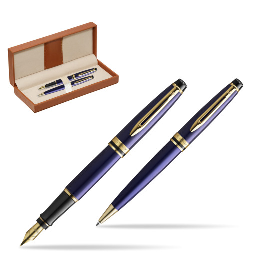 Zestaw prezentowy pióro wieczne + długopis Waterman Expert Granatowy GT Złota stalówka 18k w pudełku classic brown