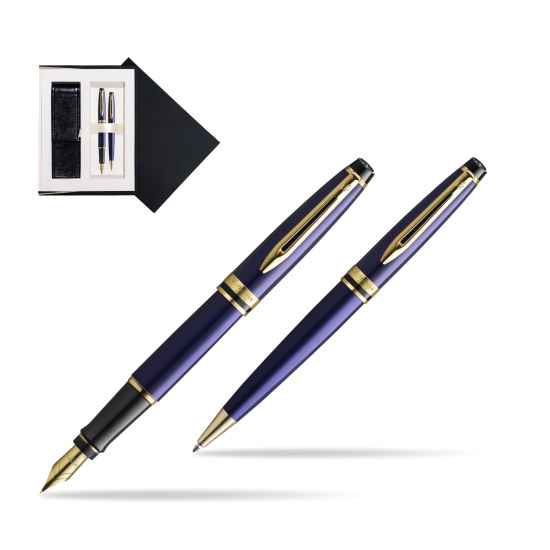 Zestaw prezentowy pióro wieczne + długopis Waterman Expert Granatowy GT Złota stalówka 18k w czarnym pudełku zamszowym