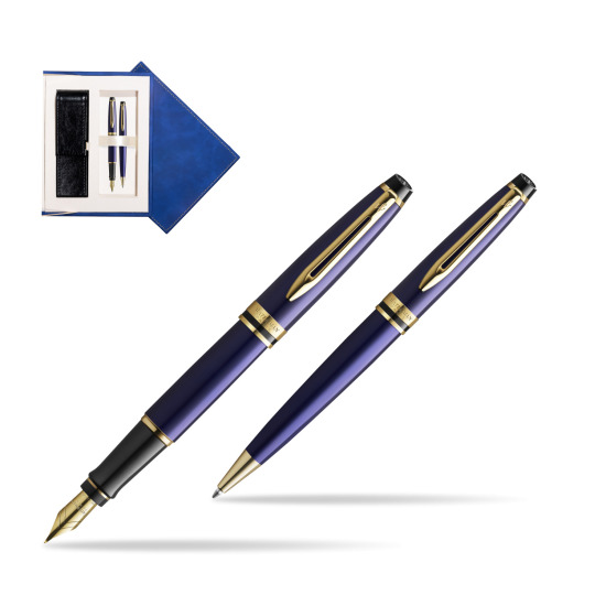 Zestaw prezentowy pióro wieczne + długopis Waterman Expert Granatowy GT Złota stalówka 18k w granatowym pudełku zamszowym