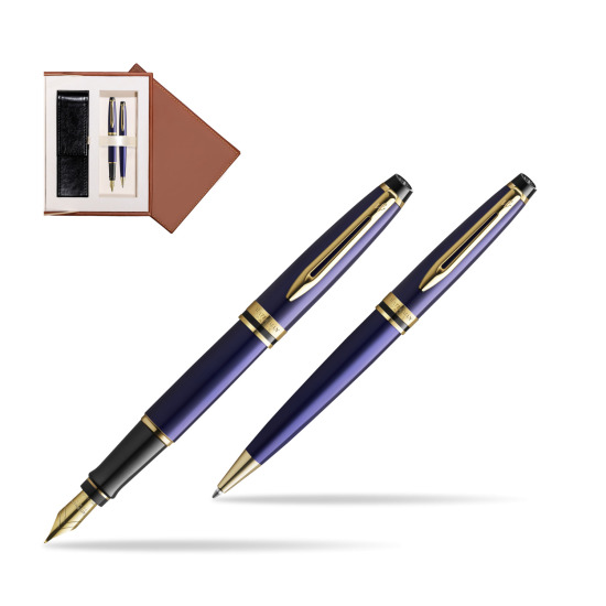 Zestaw prezentowy pióro wieczne + długopis Waterman Expert Granatowy GT Złota stalówka 18k w brązowym pudełku zamszowym
