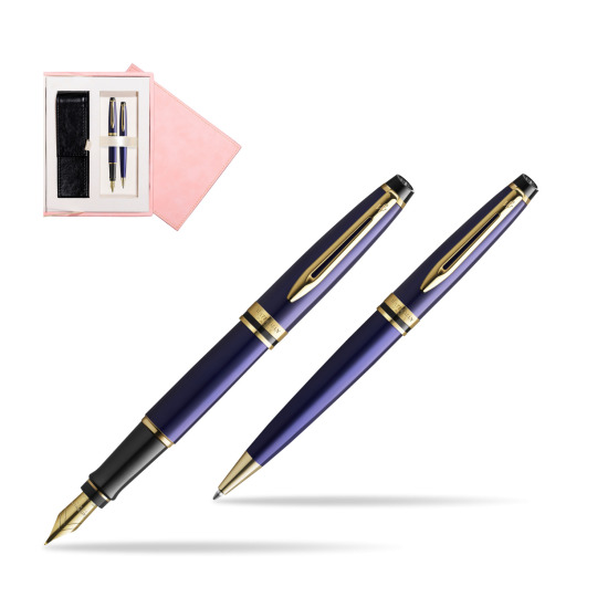 Zestaw prezentowy pióro wieczne + długopis Waterman Expert Granatowy GT Złota stalówka 18k w różowym pudełku zamszowym