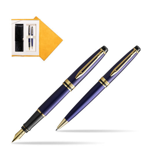 Zestaw prezentowy pióro wieczne + długopis Waterman Expert Granatowy GT Złota stalówka 18k w żółtym pudełku zamszowym