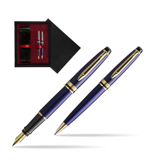 Zestaw prezentowy pióro wieczne + długopis Waterman Expert Granatowy GT Złota stalówka 18k w pudełku drewnianym Czerń Double Bordo