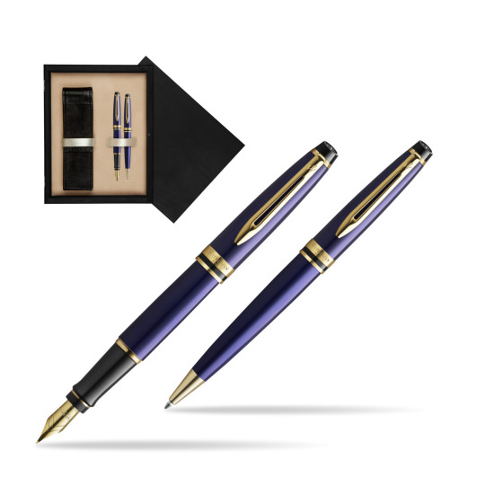 Zestaw prezentowy pióro wieczne + długopis Waterman Expert Granatowy GT Złota stalówka 18k w pudełku drewnianym Czerń Double Ecru