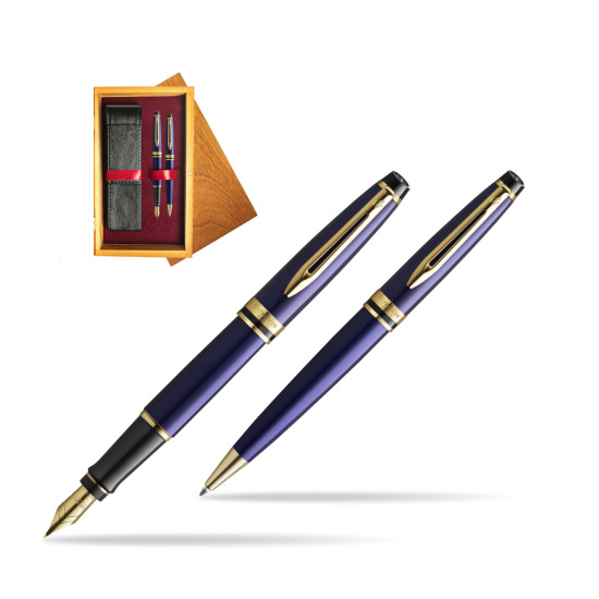 Zestaw prezentowy pióro wieczne + długopis Waterman Expert Granatowy GT Złota stalówka 18k w pudełku drewnianym Honey Double Bordo