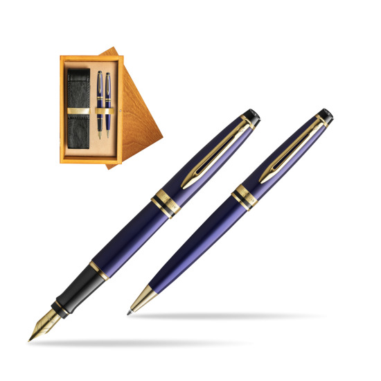 Zestaw prezentowy pióro wieczne + długopis Waterman Expert Granatowy GT Złota stalówka 18k w pudełku drewnianym Honey Double Ecru