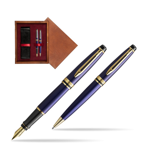 Zestaw prezentowy pióro wieczne + długopis Waterman Expert Granatowy GT Złota stalówka 18k w pudełku drewnianym Mahoń Double Bordo