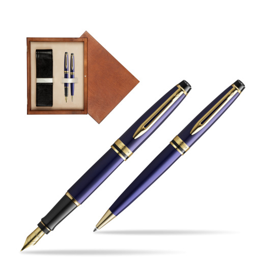 Zestaw prezentowy pióro wieczne + długopis Waterman Expert Granatowy GT Złota stalówka 18k w pudełku drewnianym Mahoń Double Ecru