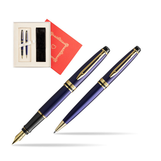 Zestaw prezentowy pióro wieczne + długopis Waterman Expert Granatowy GT Złota stalówka 18k w pudełku Czerwień Od Serca