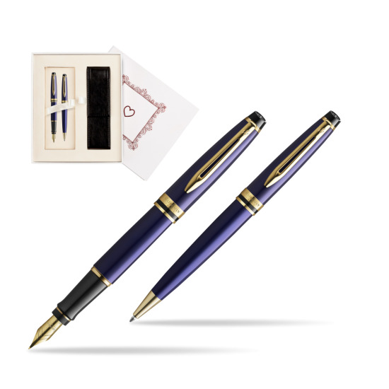 Zestaw prezentowy pióro wieczne + długopis Waterman Expert Granatowy GT Złota stalówka 18k w pudełku Biel Od Serca
