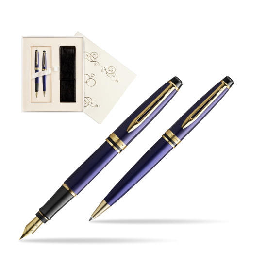 Zestaw prezentowy pióro wieczne + długopis Waterman Expert Granatowy GT Złota stalówka 18k w pudełku Ślub