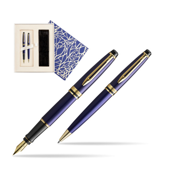 Zestaw prezentowy pióro wieczne + długopis Waterman Expert Granatowy GT Złota stalówka 18k w pudełku Uniwersalne z etui