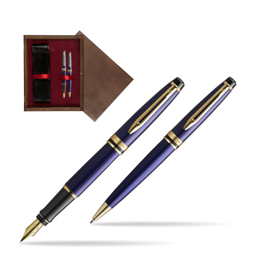 Zestaw prezentowy pióro wieczne + długopis Waterman Expert Granatowy GT Złota stalówka 18k w pudełku drewnianym Wenge Double Bordo