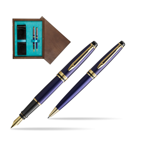 Zestaw prezentowy pióro wieczne + długopis Waterman Expert Granatowy GT Złota stalówka 18k w pudełku drewnianym Wenge Double Turkus