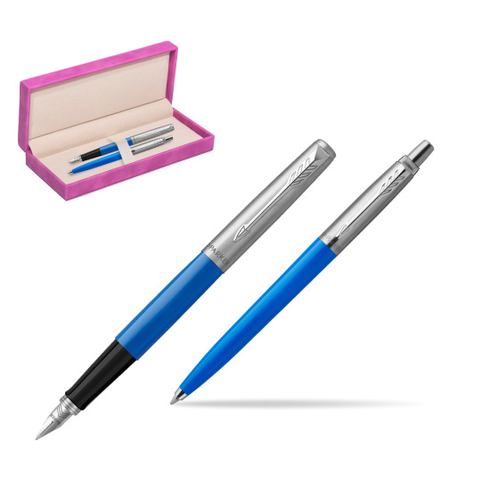 Zestaw Prezentowy Pióro Wieczne + Długopis Parker Jotter Originals Niebieski w pudełku zamszowym fuksja