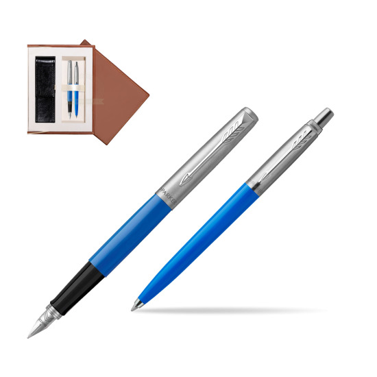 Zestaw Prezentowy Pióro Wieczne + Długopis Parker Jotter Originals Niebieski w brązowym pudełku zamszowym