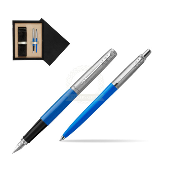 Zestaw Prezentowy Pióro Wieczne + Długopis Parker Jotter Originals Niebieski w pudełku drewnianym Czerń Double Ecru