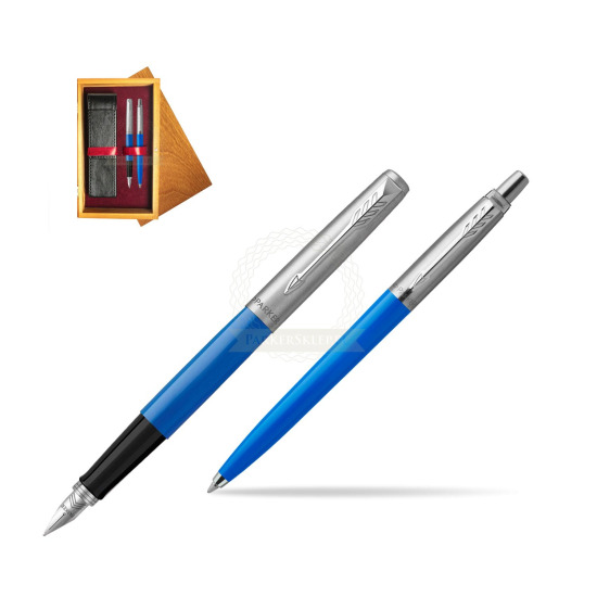Zestaw Prezentowy Pióro Wieczne + Długopis Parker Jotter Originals Niebieski w pudełku drewnianym Honey Double Bordo