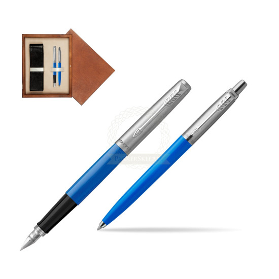 Zestaw Prezentowy Pióro Wieczne + Długopis Parker Jotter Originals Niebieski w pudełku drewnianym Mahoń Double Ecru