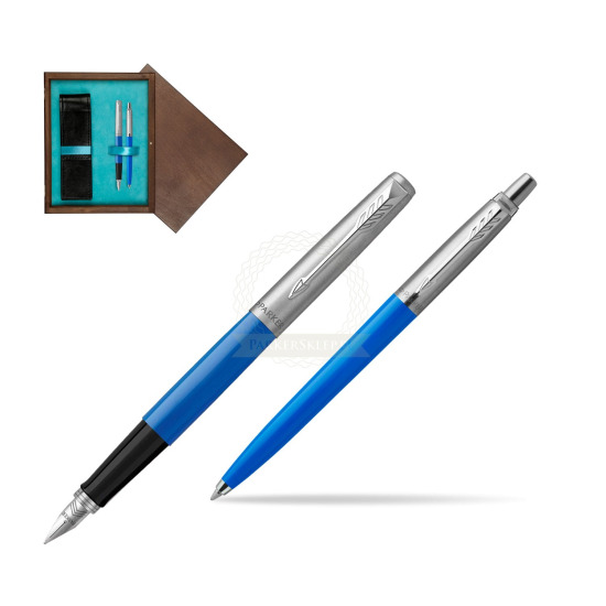 Zestaw Prezentowy Pióro Wieczne + Długopis Parker Jotter Originals Niebieski w pudełku drewnianym Wenge Double Turkus