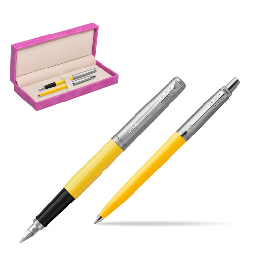 Zestaw Prezentowy Parker Pióro Wieczne + Długopis Jotter Originals Żółty w pudełku zamszowym fuksja