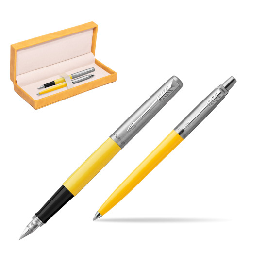 Zestaw Prezentowy Parker Pióro Wieczne + Długopis Jotter Originals Żółty w żółtym pudełku zamszowym