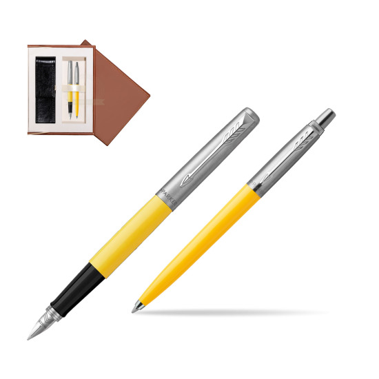 Zestaw Prezentowy Parker Pióro Wieczne + Długopis Jotter Originals Żółty w brązowym pudełku zamszowym