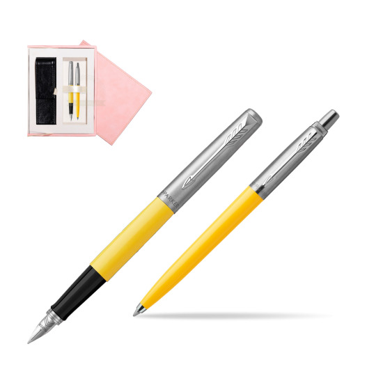 Zestaw Prezentowy Parker Pióro Wieczne + Długopis Jotter Originals Żółty w różowym pudełku zamszowym