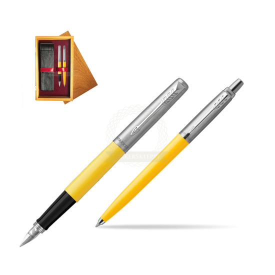 Zestaw Prezentowy Parker Pióro Wieczne + Długopis Jotter Originals Żółty w pudełku drewnianym Honey Double Bordo