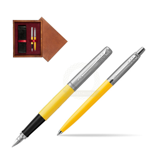 Zestaw Prezentowy Parker Pióro Wieczne + Długopis Jotter Originals Żółty w pudełku drewnianym Mahoń Double Bordo