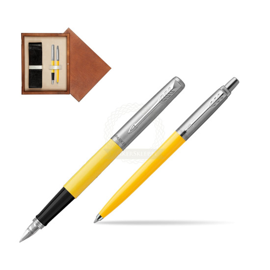 Zestaw Prezentowy Parker Pióro Wieczne + Długopis Jotter Originals Żółty w pudełku drewnianym Mahoń Double Ecru