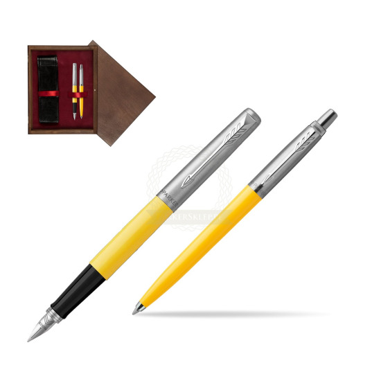Zestaw Prezentowy Parker Pióro Wieczne + Długopis Jotter Originals Żółty w pudełku drewnianym Wenge Double Bordo