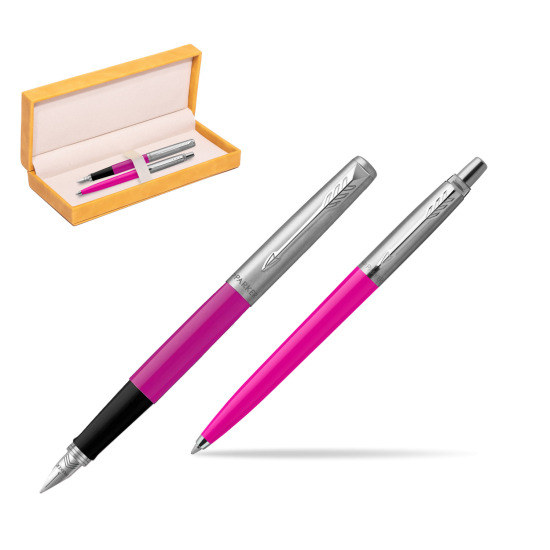 Zestaw Prezentowy Parker Pióro Wieczne + Długopis Jotter Originals Magenta w żółtym pudełku zamszowym