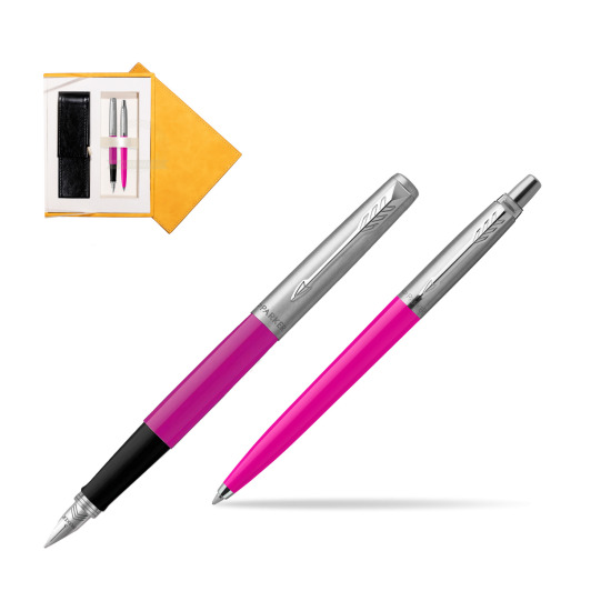 Zestaw Prezentowy Parker Pióro Wieczne + Długopis Jotter Originals Magenta w żółtym pudełku zamszowym