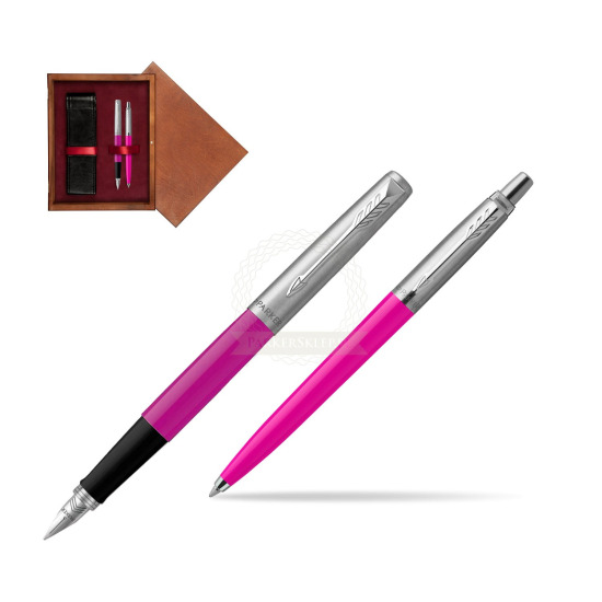 Zestaw Prezentowy Parker Pióro Wieczne + Długopis Jotter Originals Magenta w pudełku drewnianym Mahoń Double Bordo