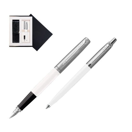Zestaw Prezentowy Parker Pióro Wieczne + Długopis Jotter Originals Biały w czarnym pudełku zamszowym
