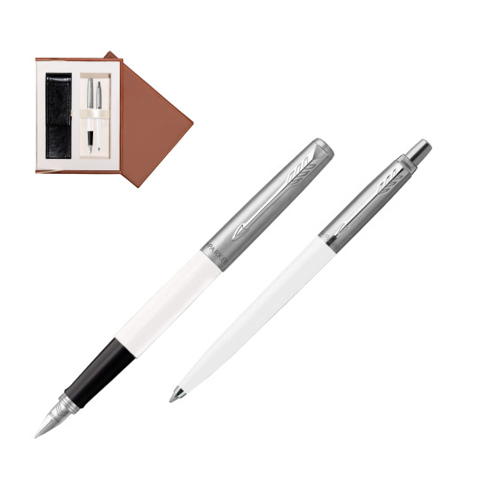 Zestaw Prezentowy Parker Pióro Wieczne + Długopis Jotter Originals Biały w brązowym pudełku zamszowym