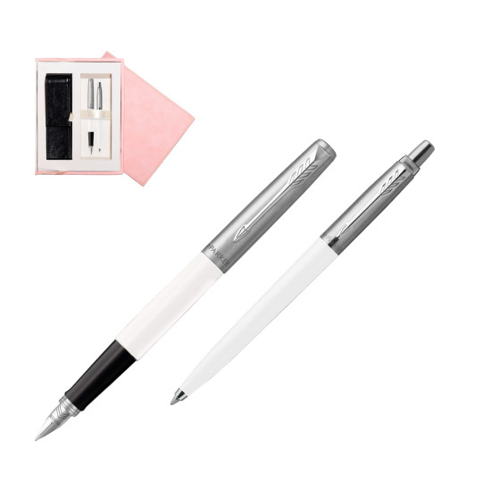 Zestaw Prezentowy Parker Pióro Wieczne + Długopis Jotter Originals Biały w różowym pudełku zamszowym