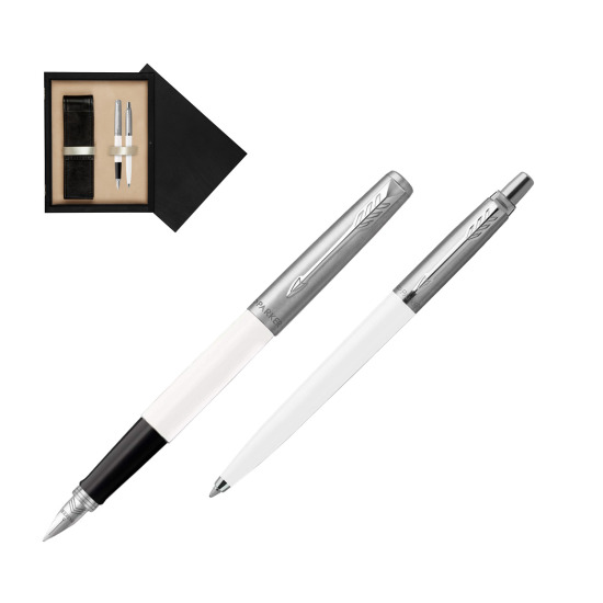 Zestaw Prezentowy Parker Pióro Wieczne + Długopis Jotter Originals Biały w pudełku drewnianym Czerń Double Ecru