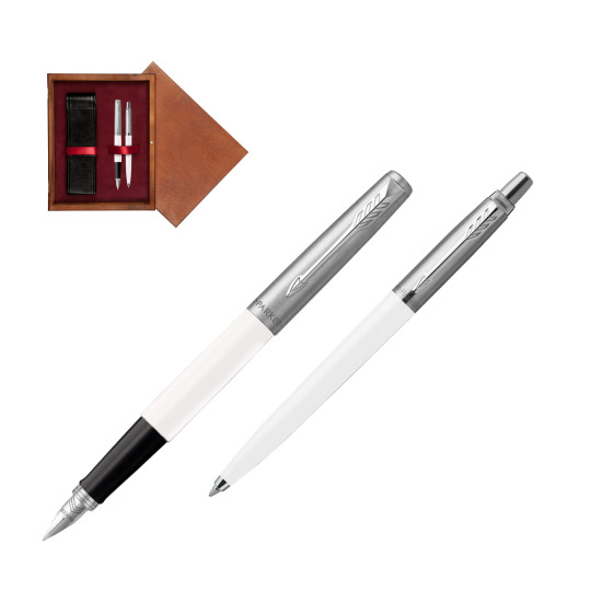 Zestaw Prezentowy Parker Pióro Wieczne + Długopis Jotter Originals Biały w pudełku drewnianym Mahoń Double Bordo