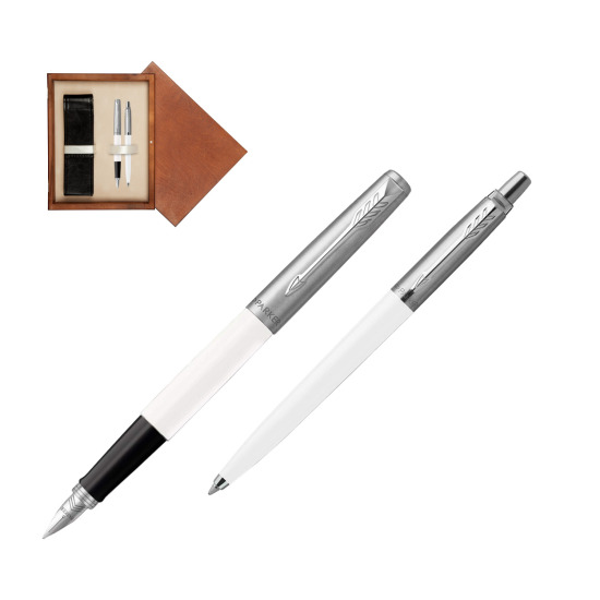 Zestaw Prezentowy Parker Pióro Wieczne + Długopis Jotter Originals Biały w pudełku drewnianym Mahoń Double Ecru