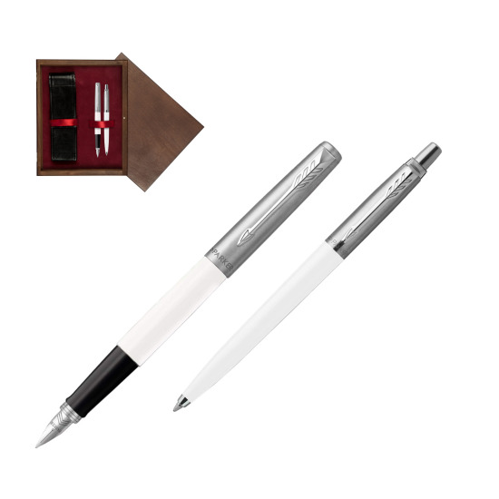 Zestaw Prezentowy Parker Pióro Wieczne + Długopis Jotter Originals Biały w pudełku drewnianym Wenge Double Bordo