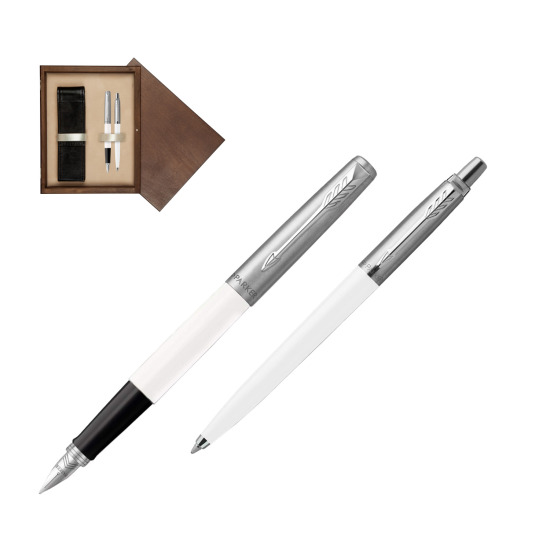 Zestaw Prezentowy Parker Pióro Wieczne + Długopis Jotter Originals Biały w pudełku drewnianym Wenge Double Ecru