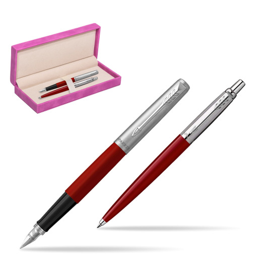 Zestaw Prezentowy Parker Pióro Wieczne + Długopis Jotter Originals Czerwony w pudełku zamszowym fuksja